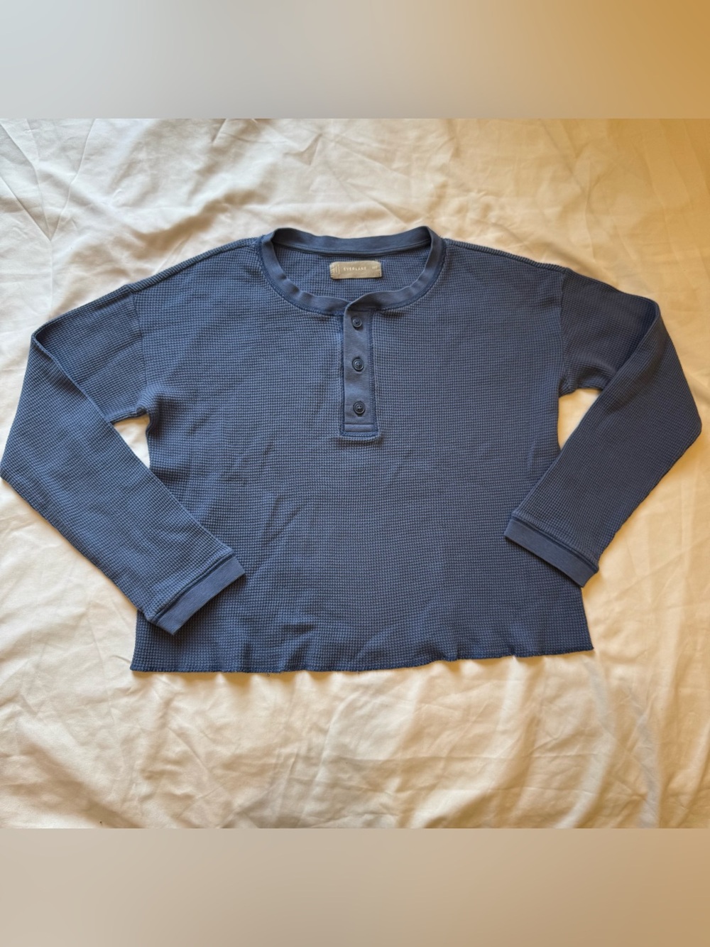 Everlane Organic Cotton Waffle Henley Blue Thermal Knit Top Boxy XXS Minimalist